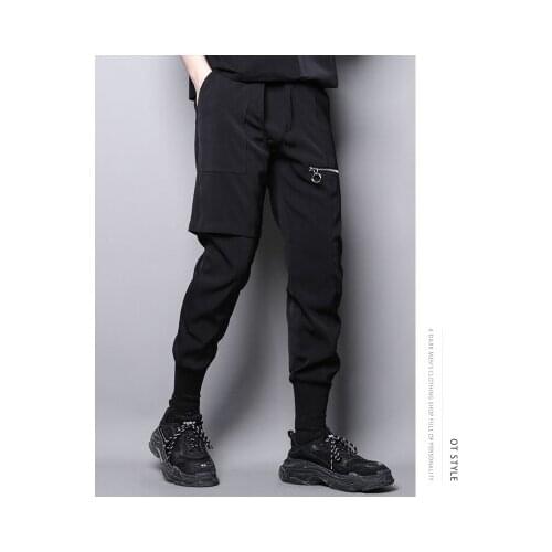 Dark personality fake two asymmetrical zippers adorning casual trousers nine-inch chaps mens Trendy Korean version of leggings