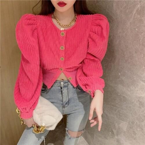 Corduroy Cardigans Sweater Women Autumn Winter Vintage O-Neck Puff Sleeve Short Coats Female Fashion Knitwear Tops 2021 New