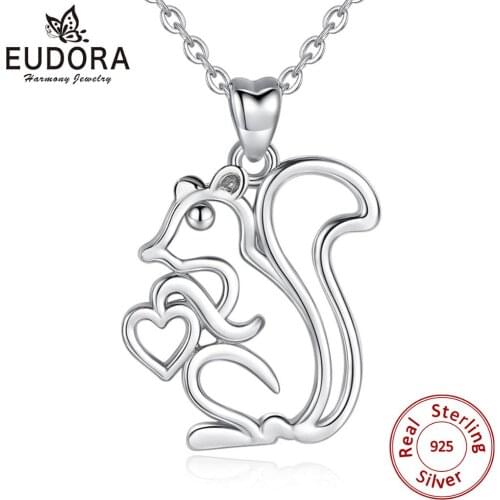 EUDORA 925 Sterling Silver Lovely Squirrel Pendant Big tail squirrel hearts pine cones Necklace Fun Fine Jewelry Gift CYD284
