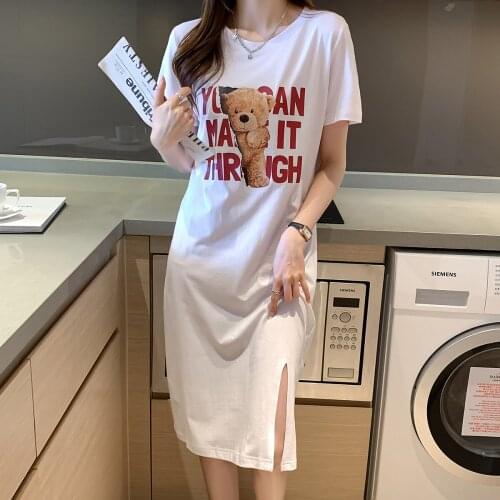 T Shirt Sress For Women Summer 2021Bear print Long T Shirt Cotton Dress Women O-neck Short Sleeve T-Shirt Dresses Gray White