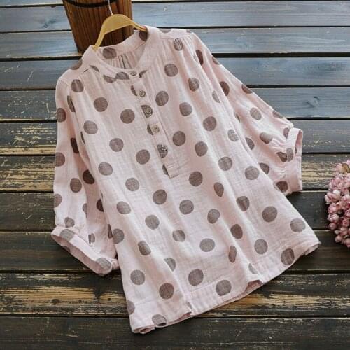 Summer new women Japan style polka dot print blouse loose half sleeve stand collar tops female cotton fashion shirt 2020