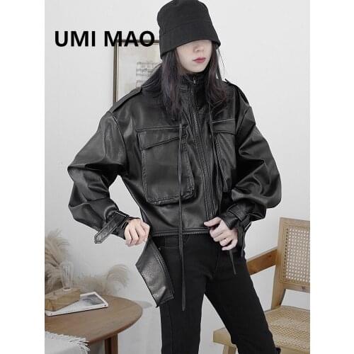 UMI MAO Autumn Winter New Design Sense Deconstruction Zipper Pioneer Leather Coat Women Female Punk Loose Black Jacket Y2K