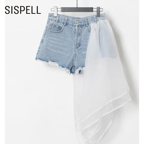 SISPELL Patchwork Mesh Denim Shorts For Female High Waist Pure Color Slimming Woemns Sexy Jeans Fashion Streetwear 2021