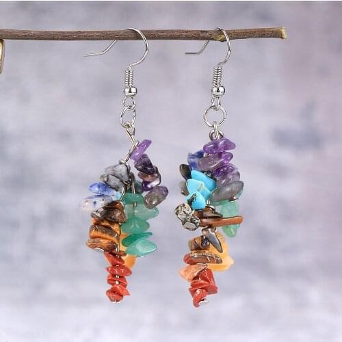 Women Natural Stone 7 Chakras Beads Dangled Earring Asymmetr Chip Gravel Pierced Earrings Hoop Gold Silver Color Hanging Jewelry