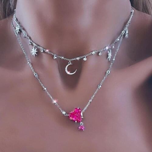 2021 Valentines Day Gift For Lover Fashion Jewelry CZ Link Chain Double Red Heart Charm Women Necklace