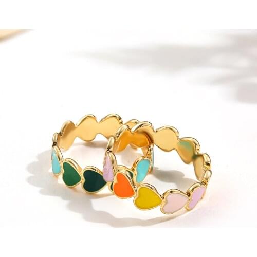 New Colorful Drip Oil Heart Chain Rings for Women Vintage Enamel Love Heart Finger Ring Jewelry Best Friend Gifts