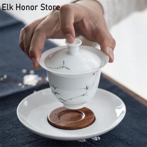 180ML Hand Painted Blue And White Porcelain Gaiwan Bamboo Tea Tureen Chinese Ceramic Tea Bowl Set Cover Bowl With Lid Cup Saucer