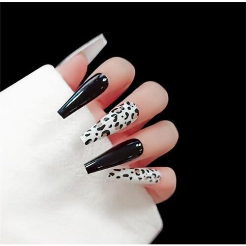 24Pcs/Box Long Coffin False Nail Elegant Shiny Fluorescent Flame Leopard Print French Fake Nails Air Tips Manicure Decoration