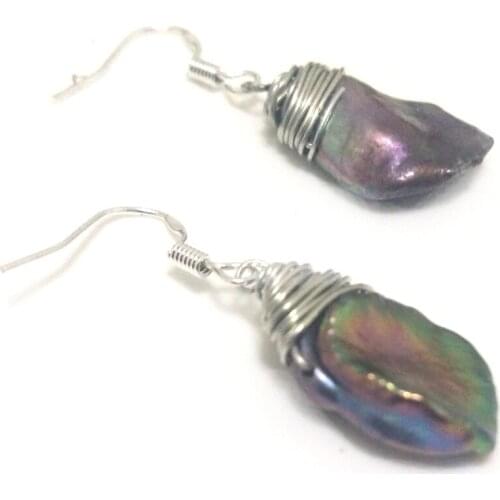 4 inches 925 Sterling Silver Black Natural Flat Drop Keshi Baroque Pearl Earring