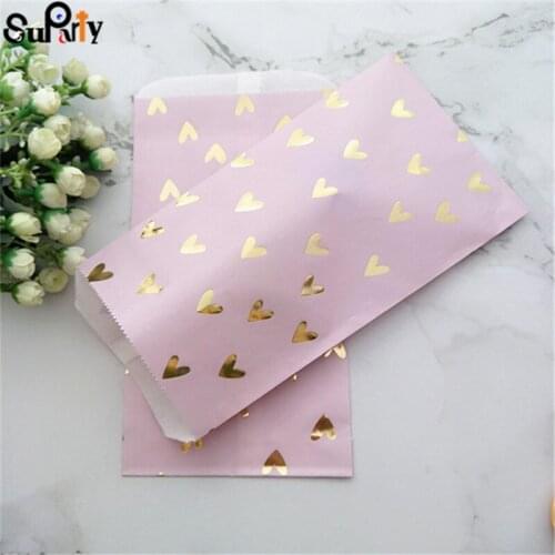 50pcs Violet Gift Bags Wedding Birthday Bridal Shower Party Popcorn Candy Paper Bag Jewelry Package Lilac with Foil Gold Heart