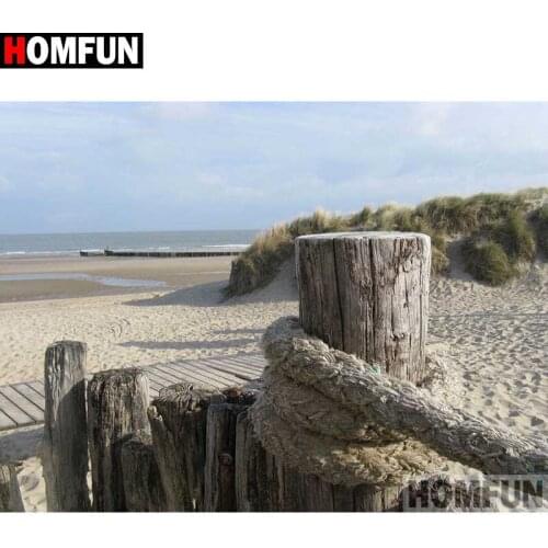 HOMFUN 5D DIY Diamond Painting "Wooden pile beach scenery" Full Drill Resin Diamond Embroidery Cross Stitch Home Decor A27701
