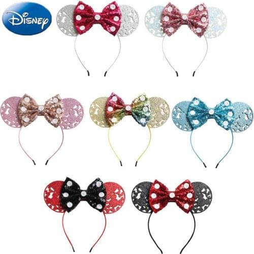 Disney Girls Bows Minnie Mickey Headband Ears Play Game Women Party Ears Sequin Hair-Bands Princess Head Hoop Plush Toy Kid Gift