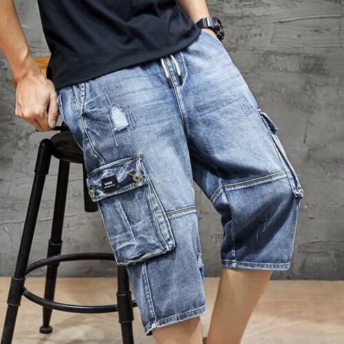 Fashion Vintage Summer Men Denim Short Knee Length Multi-pocket Cargo Pants Motorcycle Casual Biker Jeans Five Points Pants