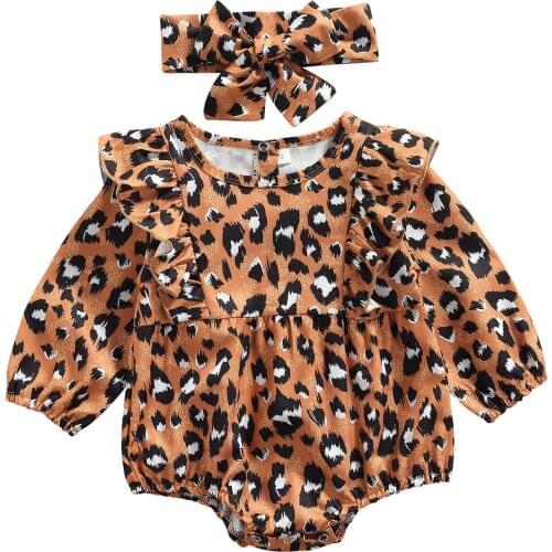 0-18M Infant Baby Girls Two-piece Clothes Set Caramel Leopard Printed Pattern Romper Headdress