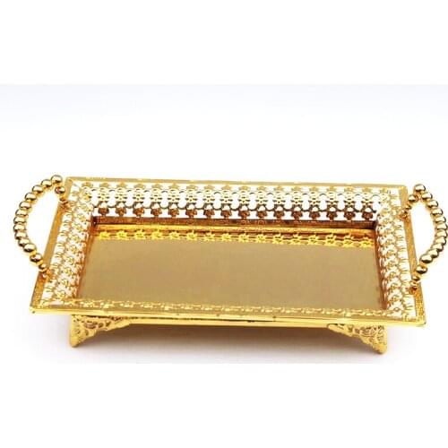 European Delicate Fruit Plate Luxury Gold Tray Fruit Stand Holder Table Home Cake Jewelry Storage Tray With Handle
