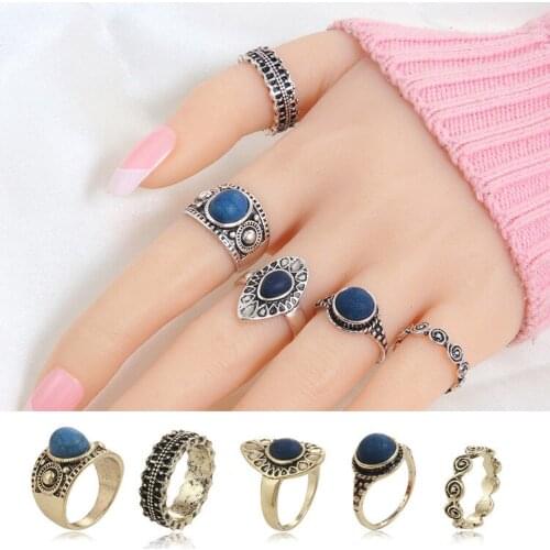 Knock Fashion New 5 pcs/Set Multicolor Stone Midi Ring Sets for Women Boho Beach Vintage Punk Knuckle Ring Jewelry