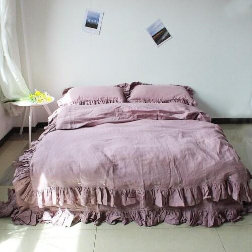 Set of 3 Shabby chic Pre washed 100% Natural Linen bedding duvet cover comforter ruffles with 2 matching pillowcases Pureple