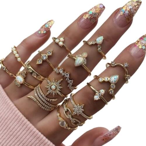Docona 17 pcs/sets Luxury Gold Rings Sets Water Drop Opeal Stone Sun Star Clear Crystal Wedding Rings for Women Accessories 8920