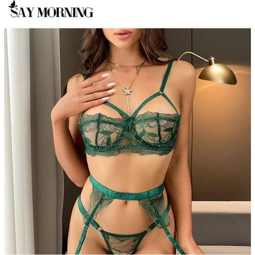 SAY MORNING New Womens Sexy Lace Eyelash Underwear Set Thin Transparent Lingerie Underwire Gather Bra And Thong Garter