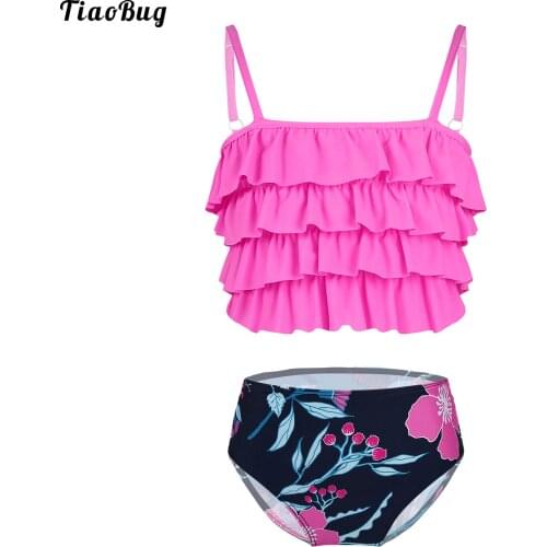 TiaoBug Summer 2Pcs Kids Girls Floral Print Swimwear Adjustable Straps Layered Ruffle Hem Adorned Top And Bottoms Bikini Set
