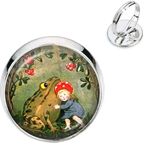 Fashion Accessories Frog Fairy Tale Jewelry Handmade Classic Glass Dome Fairy Frog Adjustable Ring colares e correntes feminino