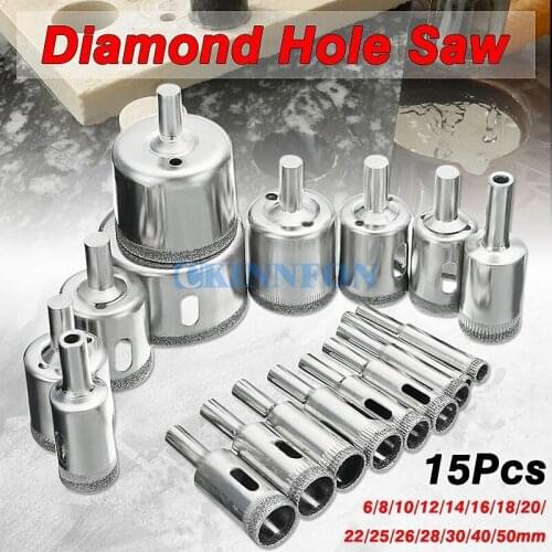 DHL 100Set 15pcs/set 6mm-50mm Diamond Coated Hole Saw Drill Bit Cutter Core Shaft Tool Kit for Ceramic Porcelain Glass Marble