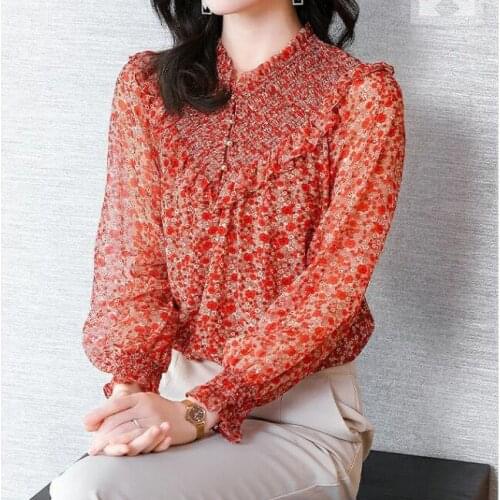 2021 summer new fashion exotic wood ear floral shirt female long sleeve chiffon shirt top female