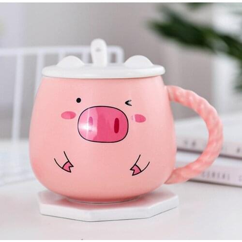 New 380mL Cute Pig Ceramic Mugs Pink Pig Breakfast Milk Cup with Lid Spoon Lady Gift Coffee Mug Handle Creative Ceramic Tea Cups