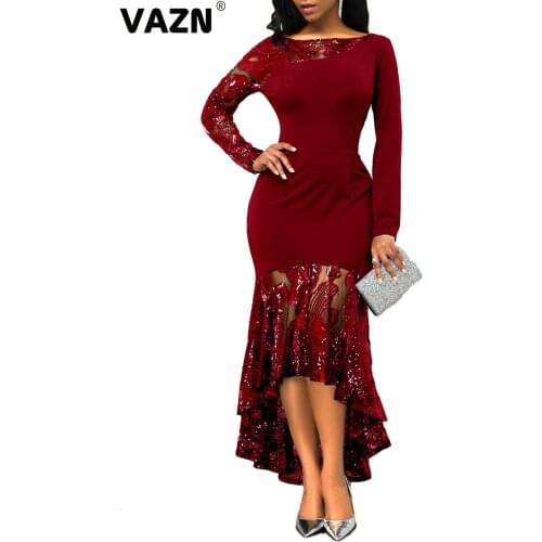 VAZN New chic 2020 spring sexy lady wine red long trumpet dress full sleeve asymmetrical slivers dress lady tango style dress