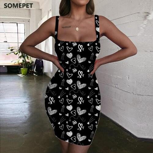 SOMEPET Love Dress Women Black And White Ladies Dresses Pattern Halter Sleeveless Art Vestido Sexy Womens Clothing Mini Evening