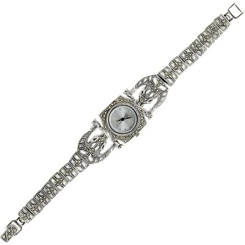Silverlina Silver Marcasite Sterling Tiger Figured Sleeve Clock