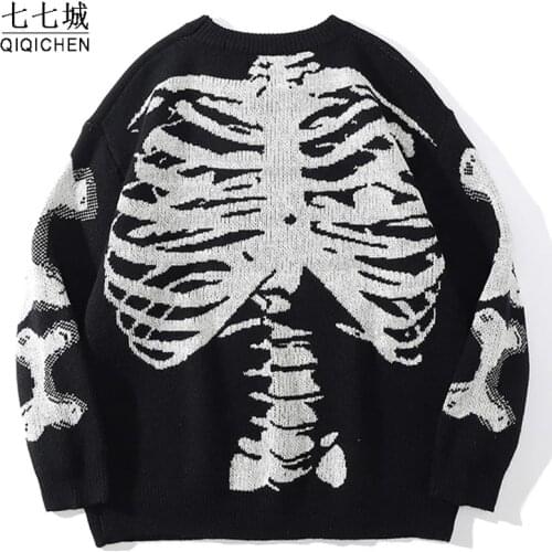 Hip Hop Bone Skeleton Sweater Men Women Vintage Skull Knitted Sweater 2021 Autumn Streetwear Harajuku Cotton Pullover Unisex