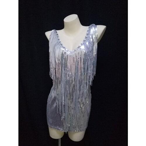 V43 Sexy female pole dance stage costumes bar perform silver sequins tassel women dress birthday celebrate hip skirt female show