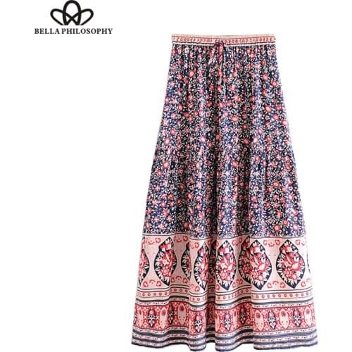 Boho Chic Summer Vintage Floral Print Pleated Long Skirt Women 2019 Fashion Elastic Waist Lace Up Beach Maxi Skirt Faldas Mujer
