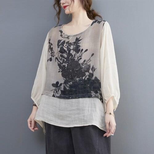 Oversized Women Cotton Linen Casual T-shirts New Arrival 2021 Arts Style Patchwork Vintage Print Loose Female Tops Tees B760