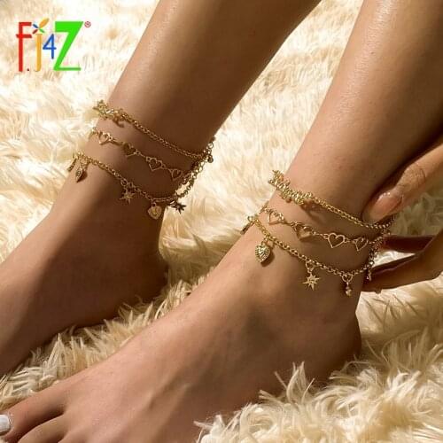 F.J4Z New Womens Footchains Trendy Hearts Charms Anklets Multi-layered Babygirl Letters Leg Bracelets Sweet Beach Jewelry