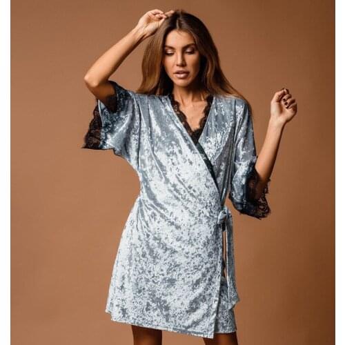 Women Velvet Bathrobe Elegant Glossy Velour Lace Sleepwear Autumn Winter Warm Pajamas 2021 AW New Fashion Lady Nightgown