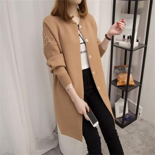 Long Cardigan Female 2019 Spring Autumn New Long Sleeve Casual Beading Cardigan Women Sweater Knitted Jacket Elegant Tops R778
