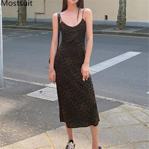 V-neck Sexy Leopard Printed Dress Women Sleeveless Spaghetti Strap A-line Dresses Vintage Fashion Female Vestidos 2021 Summer
