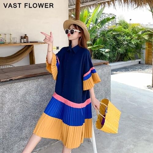 Pleated Contrast Color Summer Shirt Dresses For Women Korean Fashion Lapel Short Sleeve Casual Midi Dress Elegant Clothes 2021