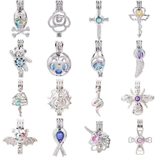1pc Skull Head Bear Rose Flower Tree Leaf Cross Bee Pearl Cage Pendant Bead Cage Essential Oil Diffuser Lockets Jewelry Making