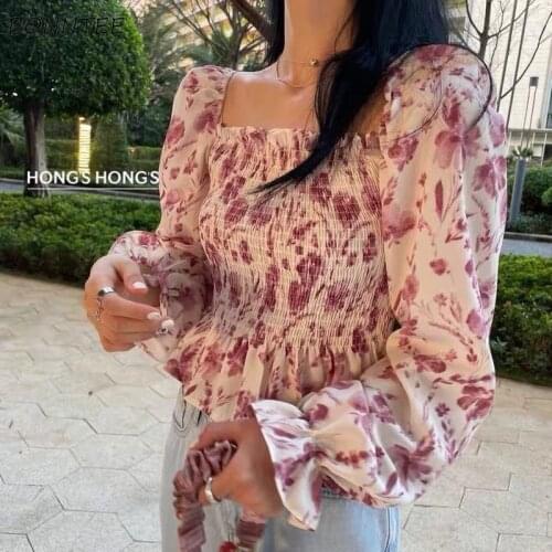 Blouses Women Slim Print Harajuku Tops Spring Puff-sleeve New Ins Mujer Streetwear Korean Tunic De Moda College Leisure Retro