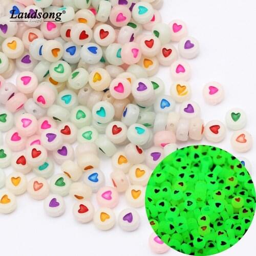 Beads That Glow At Night Acrylic Flat Round Heart Pattern Mixed Spacer Beads For Handmade Childrens DIY Jewelry Making