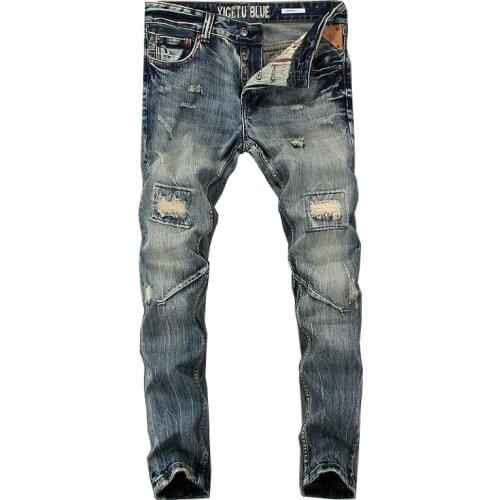 Men Jeans High Quality Italian Style Fashion Slim Fit Destroyes Ripped Cotton Denim Pants Streetwear Retro Vintage Long Trouser