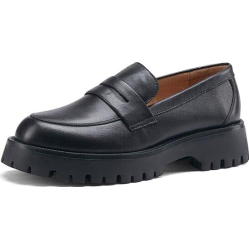 GUIDIBASICShoes Women Genuine Cow Leather Thick Bottom Loafers Round Toe Rubber Sole Solid New Shoes Casual Western Style