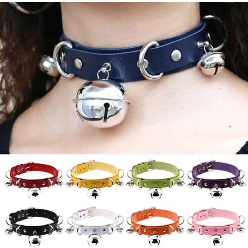 European Style Bondage Chokers Harajuku Gothic Black Goth Trendy Punk Sexy PU Leather Collar Metal Chocker Bell Pendant Necklace