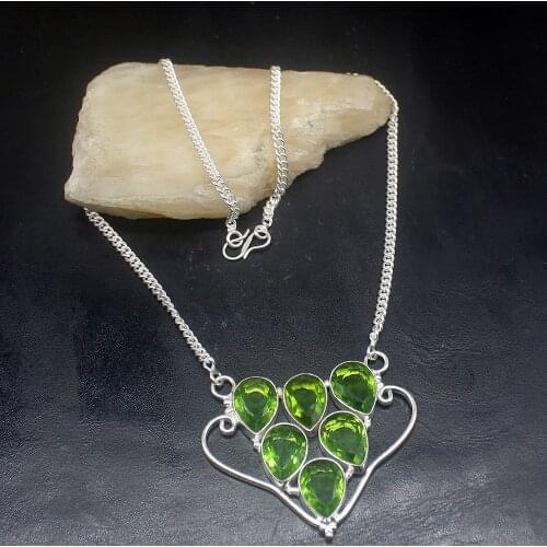 Hermosa Jewelry Teardrop Natural Green Peridot Silver Color Women Ladies Gifts Pendant Necklace Chain 38cm 20213469