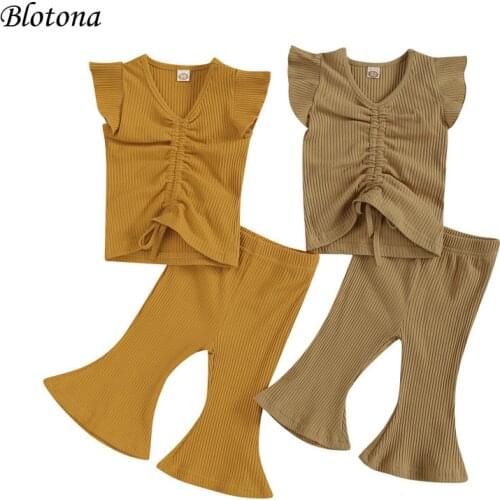 Blotona Kids Baby Girls Fashion 2-piece Outfit Set Fly Sleeve Solid Color Ribbed Crop Top+Flared Pants Set 0-3Years