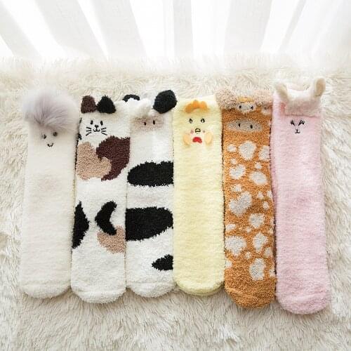 Coral Velvet Floor Socks Cartoon Embroidery Three-Dimensional Ears Half Velvet Home Thickened Autumn And Winter Sweet Japanese W