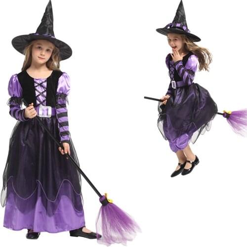 Halloween Cosplay Costume 2021 Purple Witch Childrens Magic Costume Carnival Party Top Hat Dress Two-Piece Suit